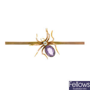 An early 20th century 9ct gold amethyst and aquamarine spider brooch.