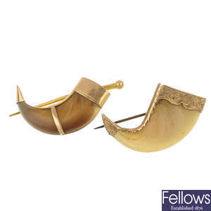 Two early 20th century gold mounted claw brooches. 