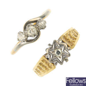 Two diamond rings and a diamond floral brooch. 