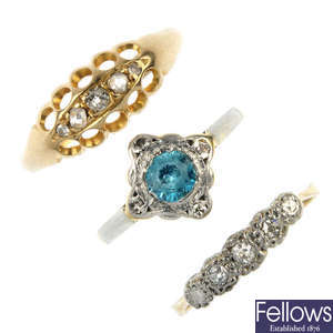Three early to mid 20th century 18ct gold diamond and gem-set rings.