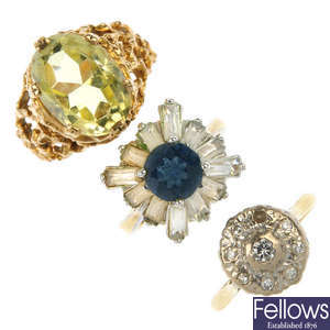 Three diamond, gem-set and paste dress rings. 
