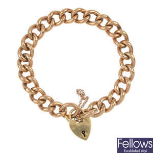 An early 20th century 9ct gold curb-link bracelet with replacement clasp.