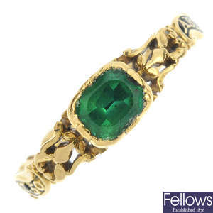 A mid 18th century gold beryl and enamel memorial ring.