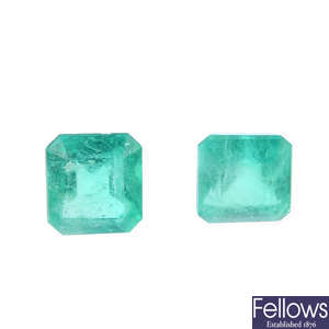Two rectangular-shape emeralds, weighing 0.67 and 0.57ct.