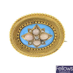 A mid 19th century gold coral, diamond and enamel brooch