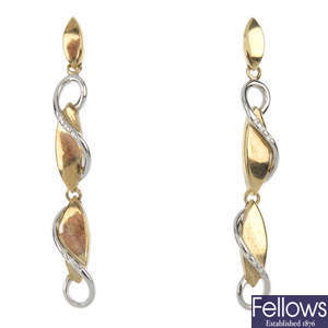 A pair of 9ct gold diamond ear pendants.