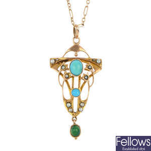 An early 20th century gold turquoise and split-pearl pendant. 