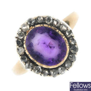 A mid 19th century gold and silver amethyst and diamond cluster ring.