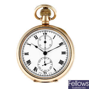 A gold plated open face chronograph pocket watch.