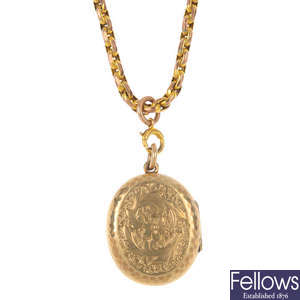 An early 20th century 9ct gold belcher-link longuard chain suspending a locket.