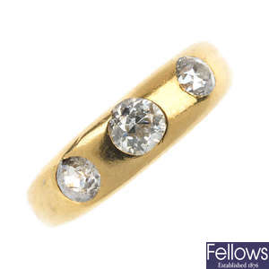 An early 20th century gold diamond three-stone ring.