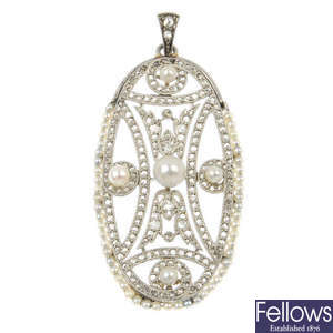 A mid 20th century platinum cultured pearl, seed pearl and diamond pendant.