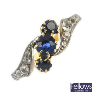 A mid 20th century gold sapphire and diamond dress ring.