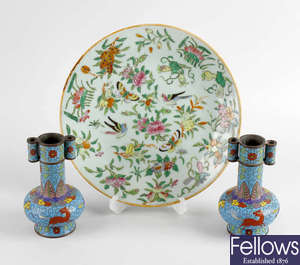 A pair of Chinese cloisonne vases, plus a Chinese plate. 