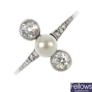 A cultured pearl and diamond three-stone ring. 