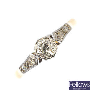 A mid 20th century 18ct gold and platinum diamond single-stone ring.