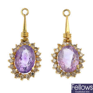 A pair of amethyst and diamond cluster drops.