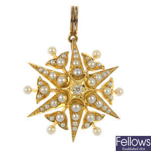 An early 20th century gold diamond, split and seed pearl pendant.