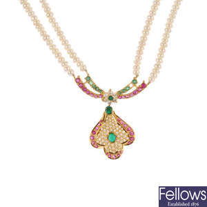 A freshwater cultured pearl, ruby, emerald and paste necklace.