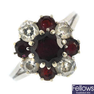 A garnet and diamond cluster ring. 