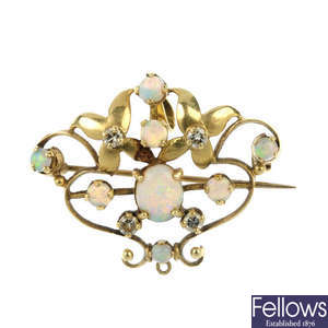 A 1970s 18ct gold opal and diamond pendant.