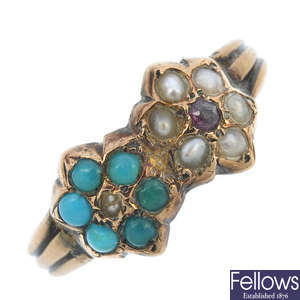 A late Victorian 9ct gold split pearl and turquoise ring.