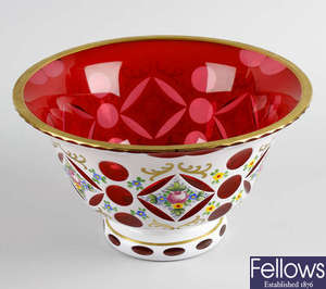 A Bohemian white flash overlay cranberry glass bowl