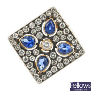 A mid 20th century gold and silver sapphire and diamond dress ring.