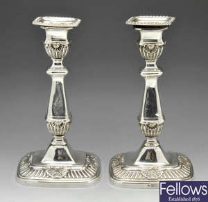 A pair of Edwardian rectangular form candlesticks.