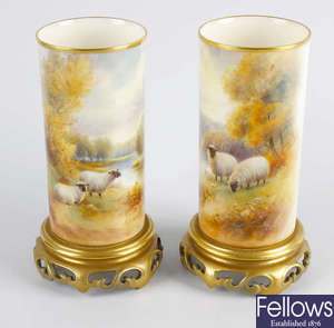 A good pair of Royal Worcester porcelain 'tusk' vases hand-painted by Harry Davis.