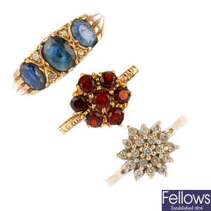 A selection of six gem-set dress rings. 