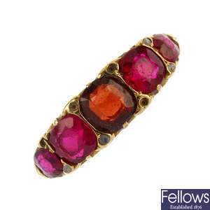 A late Victorian 18ct gold five-stone gem-set ring.