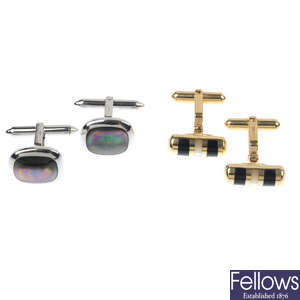 Two pairs of 9ct gold gem-set cufflinks.