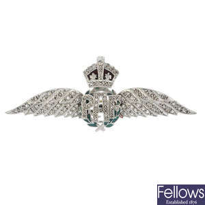 A diamond and enamel RAF military brooch. 