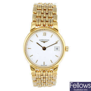 LONGINES - a lady's gold plated La Grande Classique bracelet watch.
