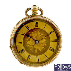 A yellow metal open face pocket watch together with a silver open face pocket watch