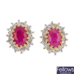 A pair of 9ct gold ruby and diamond cluster ear studs.