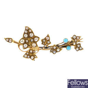 An early 20th century split pearl and turquoise foliate brooch.