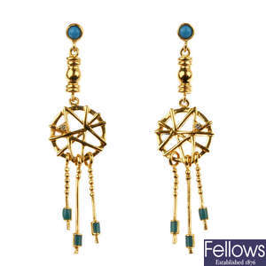 A pair of gem-set and enamel dream catcher ear pendants.