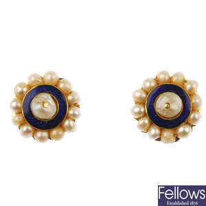 A pair of cultured pearl and enamel earrings.