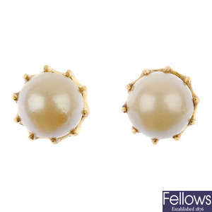 A selection of three pairs of cultured pearl ear studs.