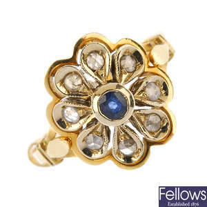 A sapphire and diamond floral cluster ring. 