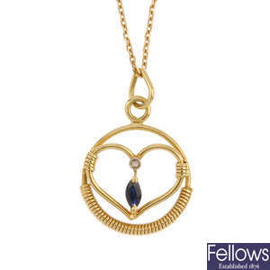 A 1970s 18ct gold diamond and sapphire pendant.