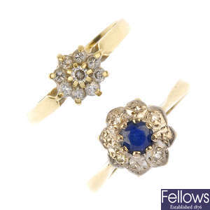 Two 18ct gold diamond and gem-set cluster rings. 