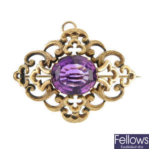 A late 19th century 9ct gold amethyst brooch.