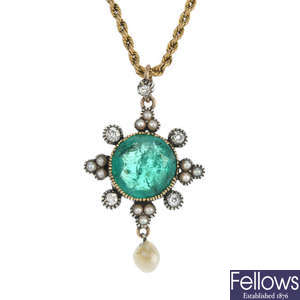 A late 19th century gold and silver emerald, diamond and split pearl pendant. 
