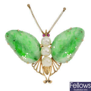 A jade, cultured pearl and synthetic ruby butterfly brooch.