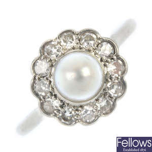 A cultured pearl and diamond cluster ring.