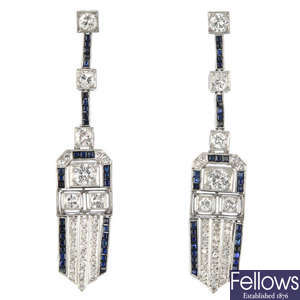 A pair of mid 20th century diamond and sapphire ear pendants.