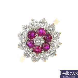 An 18ct gold ruby and diamond cluster.